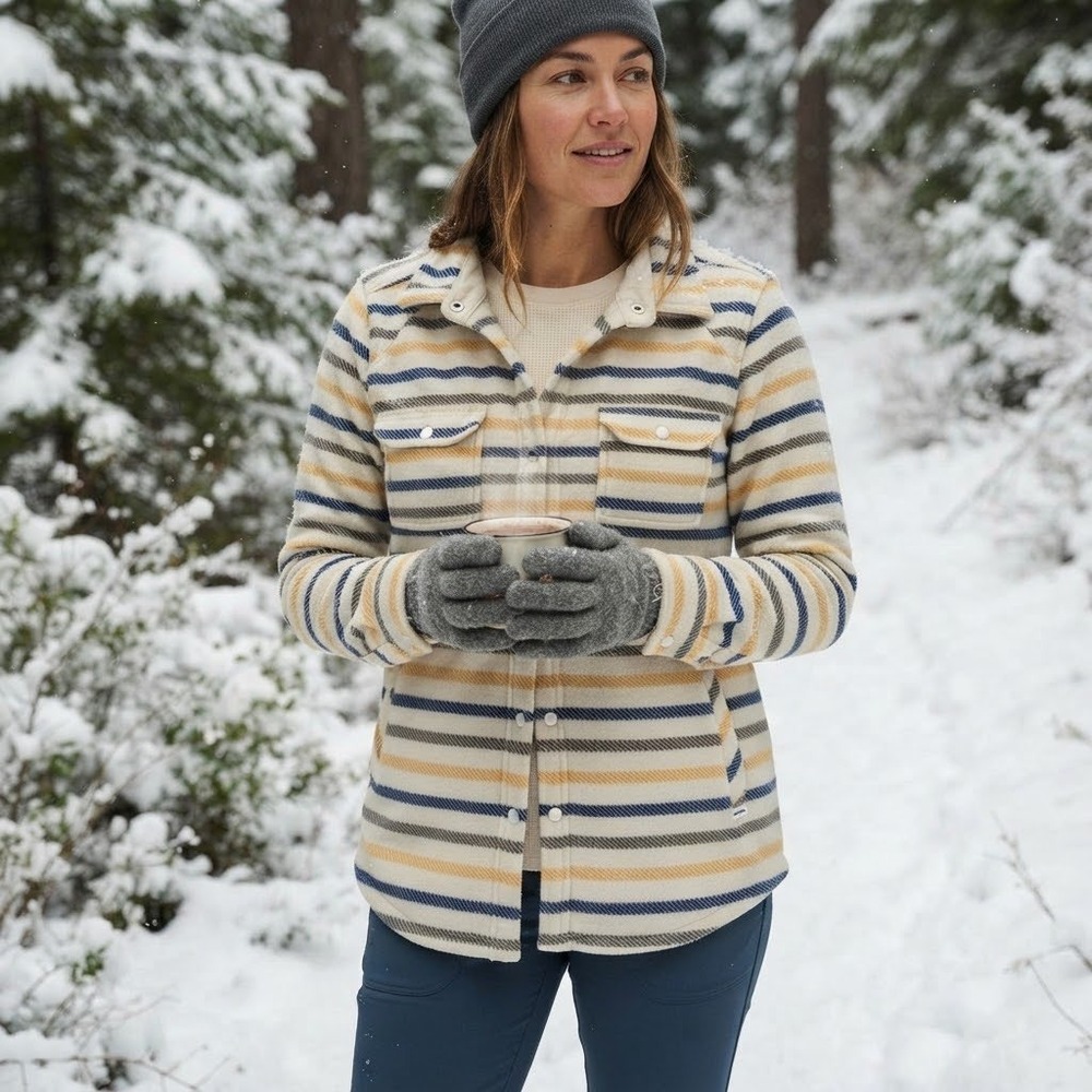 O'Neill Women Striped Fleece Shacket Snap Front Shirt Jacket Cream Navy Yellow S